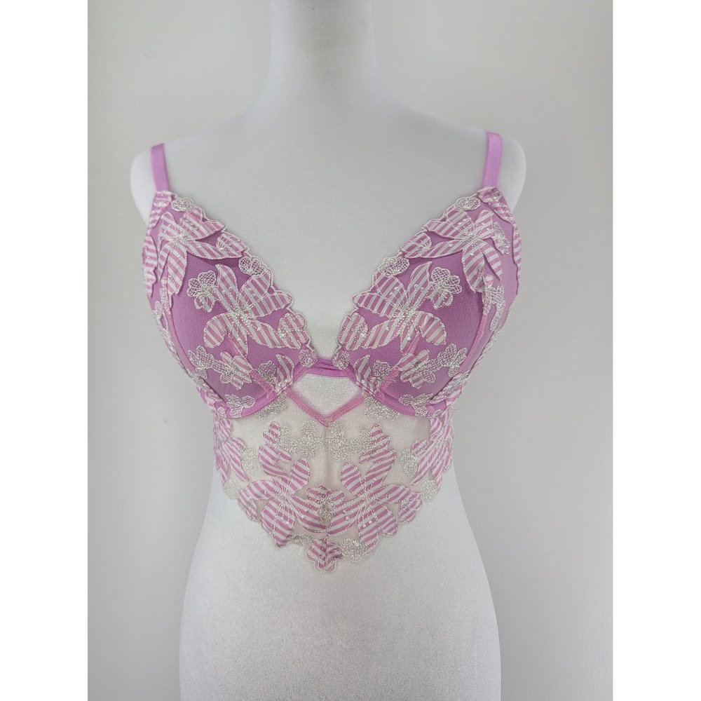 Victoria's Secret Luxe Lingerie Orchid Purple Striped Floral Demi Bra 34DD E75
